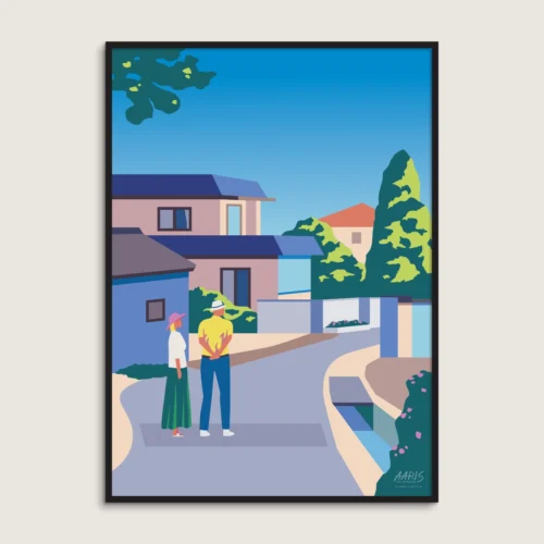 Farverig grafisk japansk plakat af en gade i kvarteret Aonocho i Nara, Japan. Dansk design af Aaris Studio.