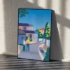 Farverig grafisk japansk plakat af en gade i kvarteret Aonocho i Nara, Japan. Dansk design af Aaris Studio.