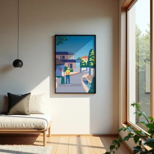 Farverig grafisk japansk plakat af en gade i kvarteret Aonocho i Nara, Japan. Dansk design af Aaris Studio.