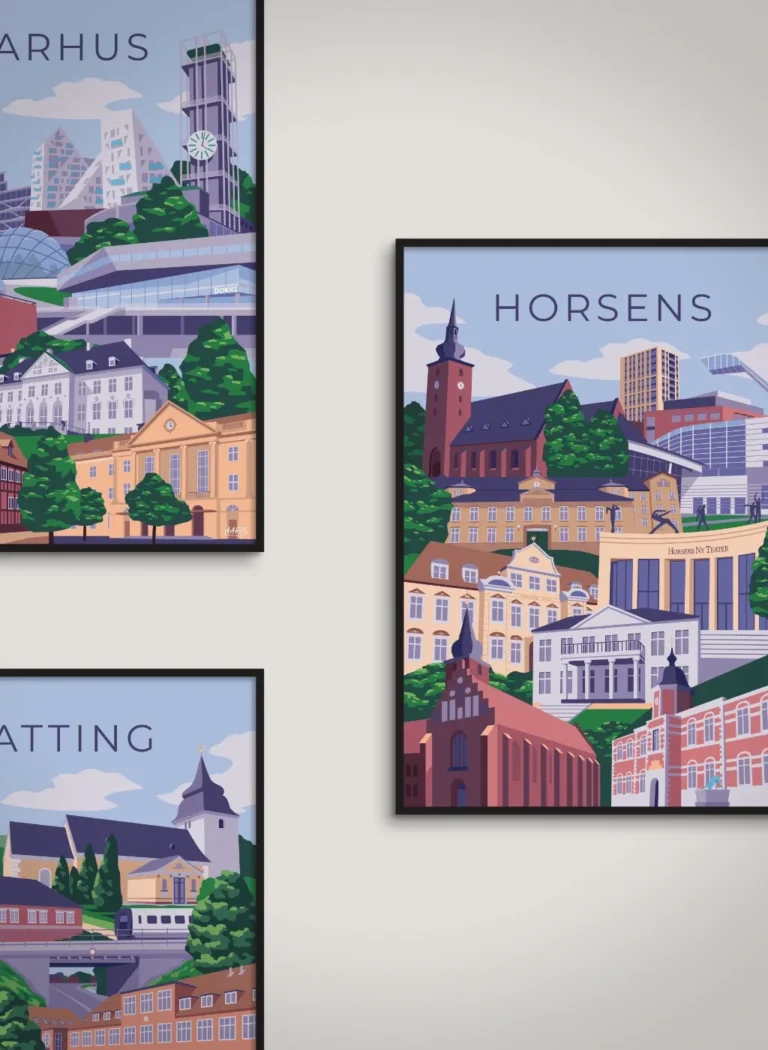 Tre byplakater fra Aaris Studio hænger på en væg.