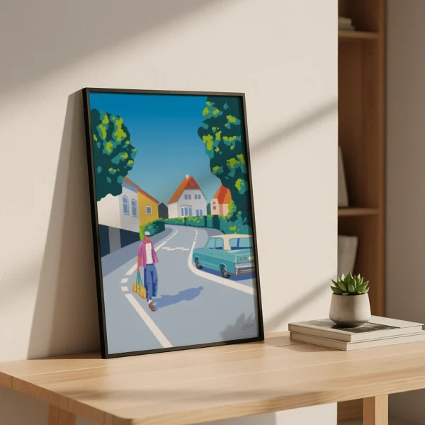 Aaris-Studio-Hulvej-Plakat-3 En plakat af en mand der går på gaden Hulvej i Horsens.