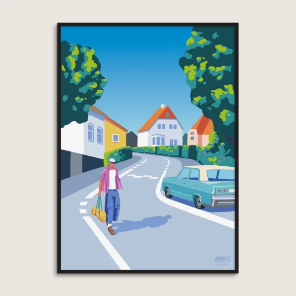 Aaris-Studio-Plakat-Hulvej En plakat af en mand der går på gaden Hulvej i Horsens.