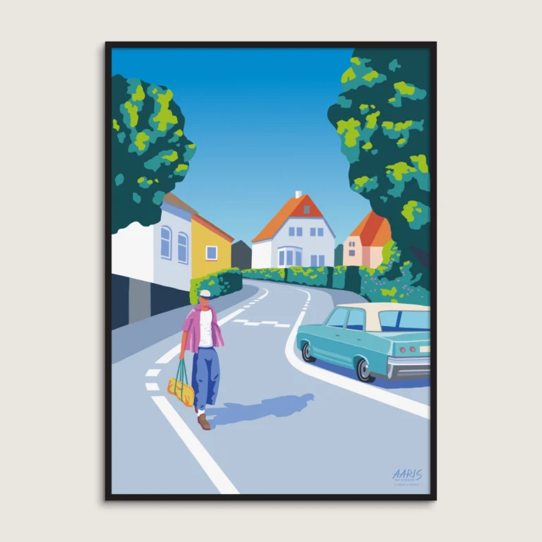 Hjem En plakat af en mand der går på gaden Hulvej i Horsens.
