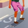 Close up af maleri "Solferino" af Mathias Aaris. To drenge skater ned af en nedadgående vej i den italienske by Solferino.