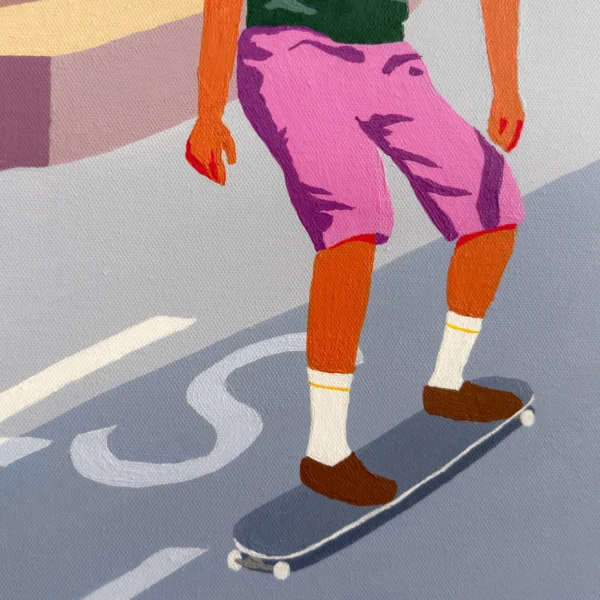 Close up af maleri "Solferino" af Mathias Aaris. To drenge skater ned af en nedadgående vej i den italienske by Solferino.