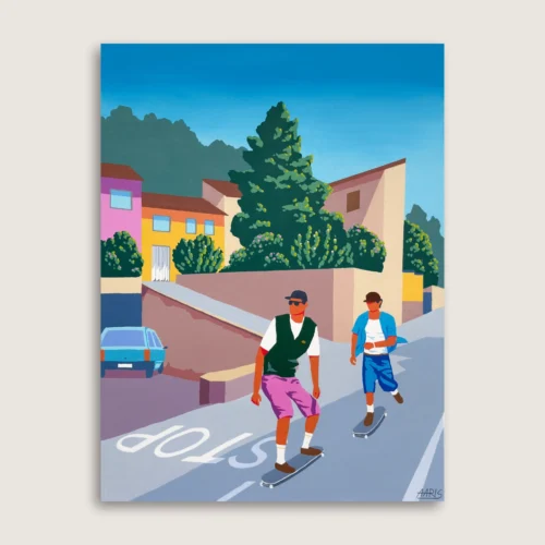 Maleri "Solferino" af Mathias Aaris. To drenge skater ned af en nedadgående vej i den italienske by Solferino.