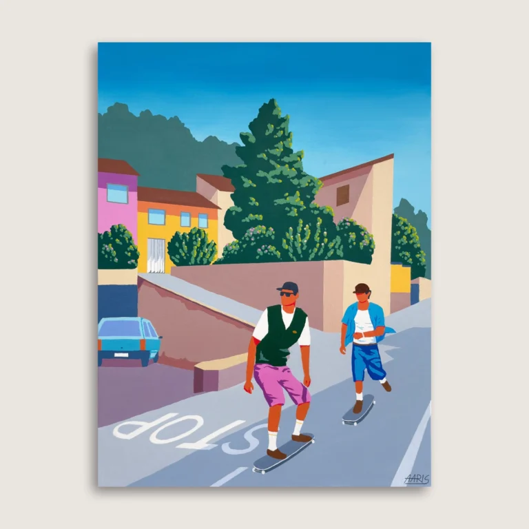 Maleri "Solferino" af Mathias Aaris. To drenge skater ned af en nedadgående vej i den italienske by Solferino.