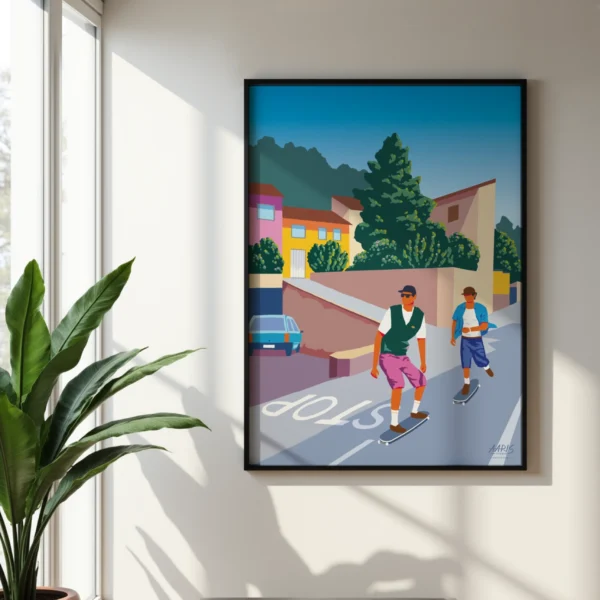 Grafisk og farverig plakat af Mathias Aaris. To mænd skater ned af bakke i Italien.