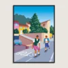 Grafisk og farverig plakat af Mathias Aaris. To mænd skater ned af bakke i Italien.
