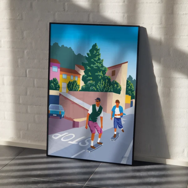 Grafisk og farverig plakat af Mathias Aaris. To mænd skater ned af bakke i Italien.