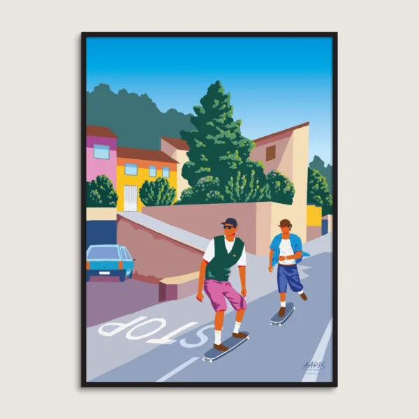 Grafisk og farverig plakat af Mathias Aaris. To mænd skater ned af bakke i Italien.