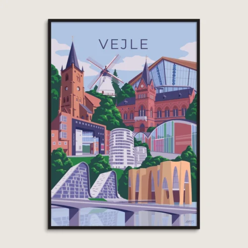 Vejle plakat af Aaris Studio. Plakaten indeholder Vejles mest kendte bygninger.