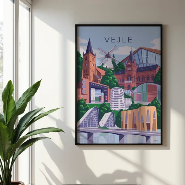 Vejle plakat af Aaris Studio. Plakaten indeholder Vejles mest kendte bygninger.