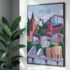 Vejle plakat af Aaris Studio. Plakaten indeholder Vejles mest kendte bygninger.