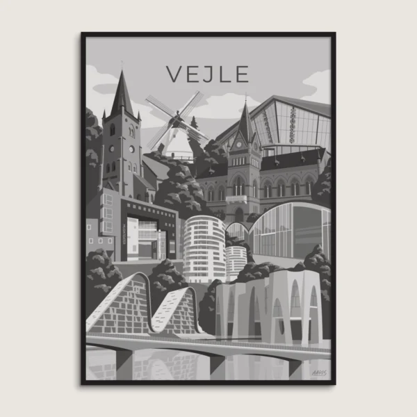 Vejle plakat af Aaris Studio i sort/hvid. Plakaten indeholder Vejles mest kendte bygninger.