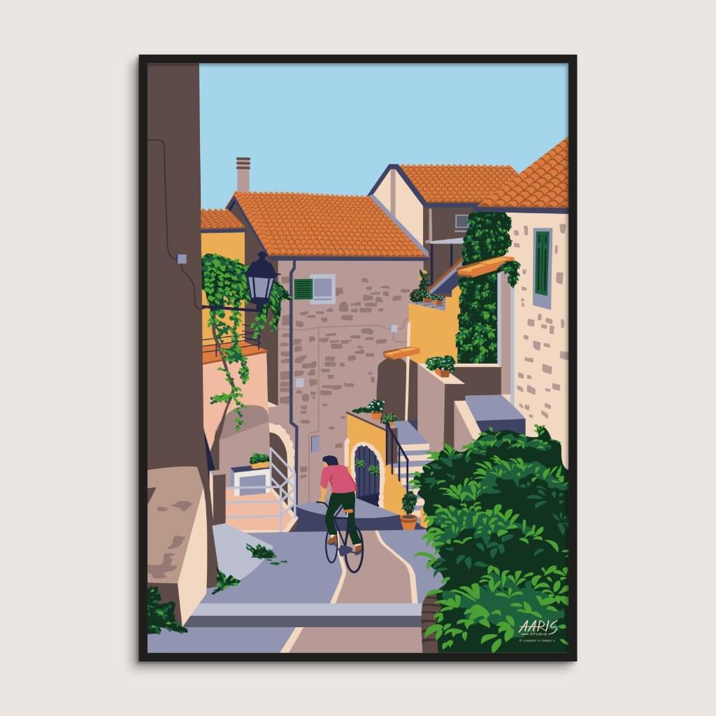 Plakaten Castellaro fra Aaris Studio i sort ramme.